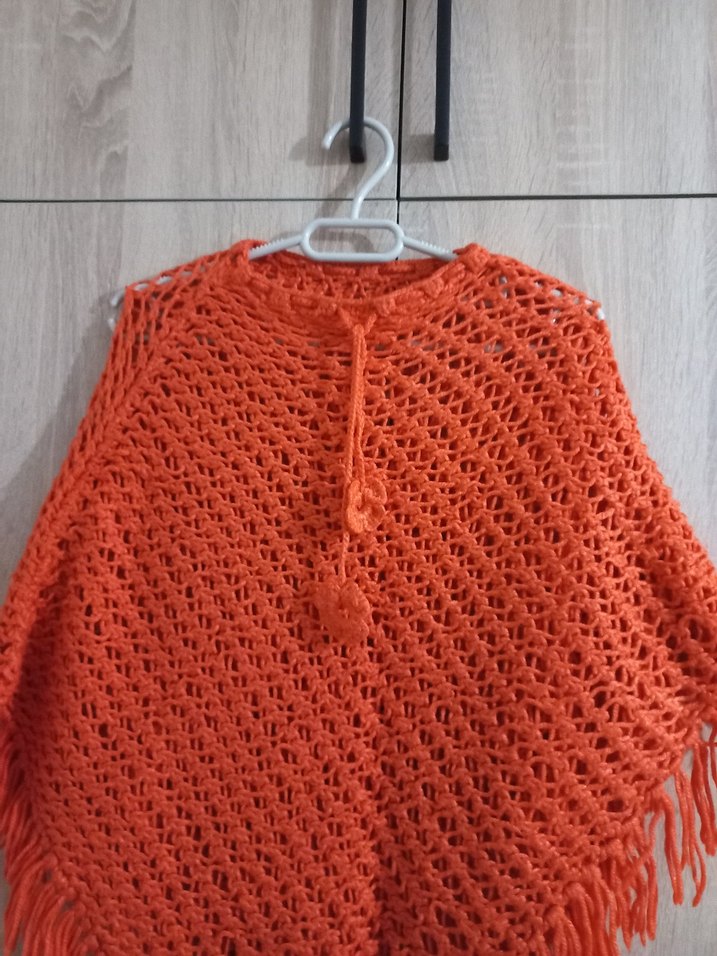 Turuncu Örgü Kız Panço, Bohem Tarz - Görsel 2