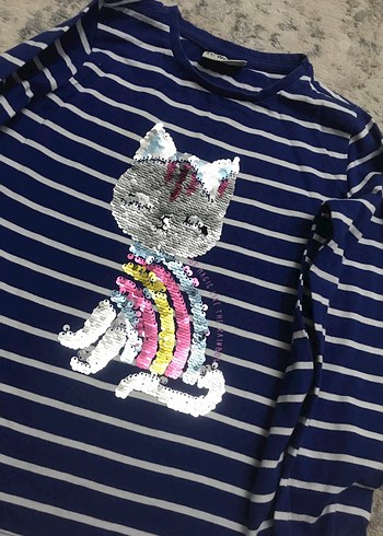 LC Waikiki Çizgili Uzun Kollu Kız Tişörtü, Renkli Pullu Kedi 7 8 yaş