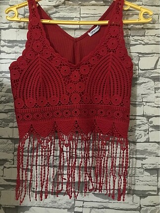 Crop içi astarlı püsküllü örme bluz