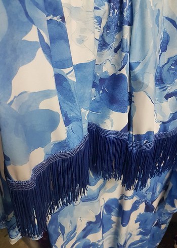 Mavi V Yaka Püsküllü Bohem Midi Elbise - Görsel 4