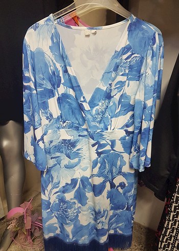 Mavi V Yaka Püsküllü Bohem Midi Elbise - Görsel 2