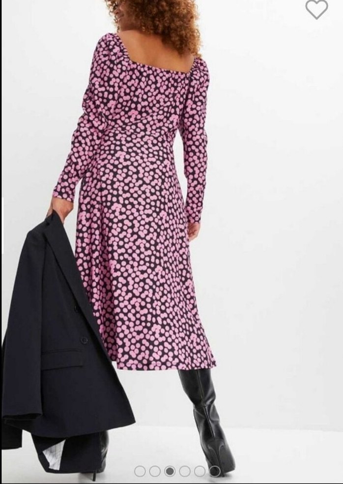 Uzun Kollu Pembe Desenli Kadın Elbise - Görsel 5