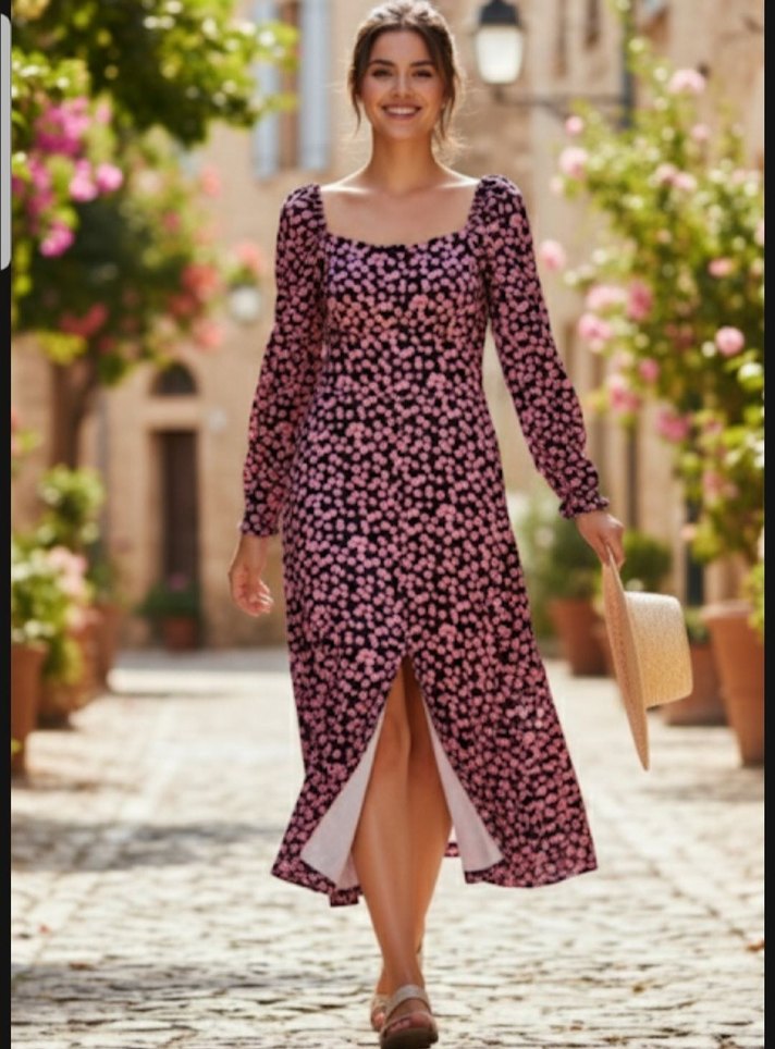 Uzun Kollu PembeDesenli Günlük Elbise - Görsel 2