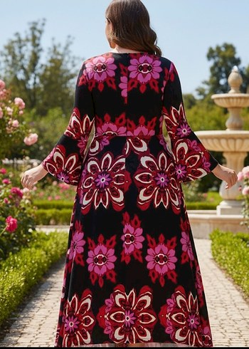 Bordo Çiçek Desenli Uzun Bohem Elbise - Görsel 2