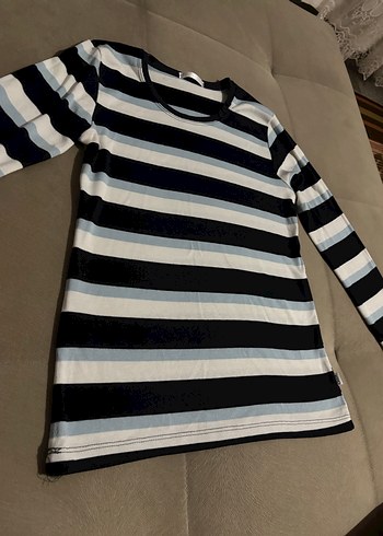 Mavi Gri Çizgili Uzun Kollu Tişört - Görsel 2