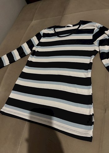 Mavi Gri Çizgili Uzun Kollu Tişört - Görsel 3