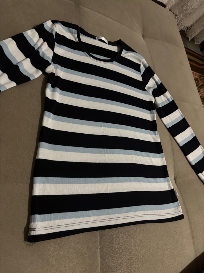 Mavi Gri Çizgili Uzun Kollu Tişört - Görsel 2