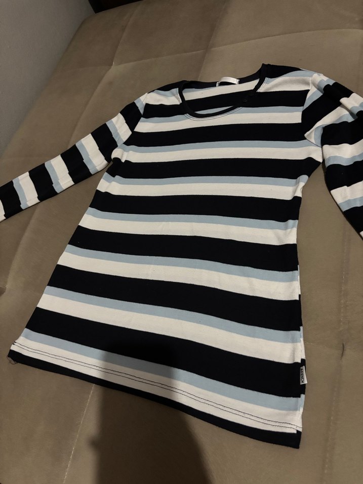 Mavi Gri Çizgili Uzun Kollu Tişört - Görsel 3