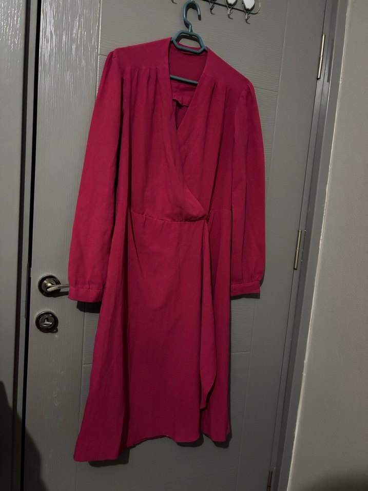 Uzun Kollu Pembe Kadın Uzun Elbise - Görsel 2