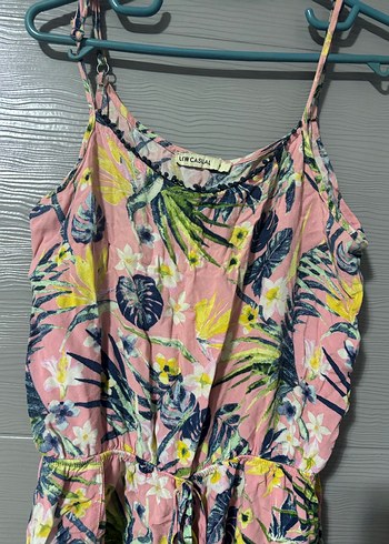 Kadın Pembe Çiçekli Askılı Tulum - Görsel 4