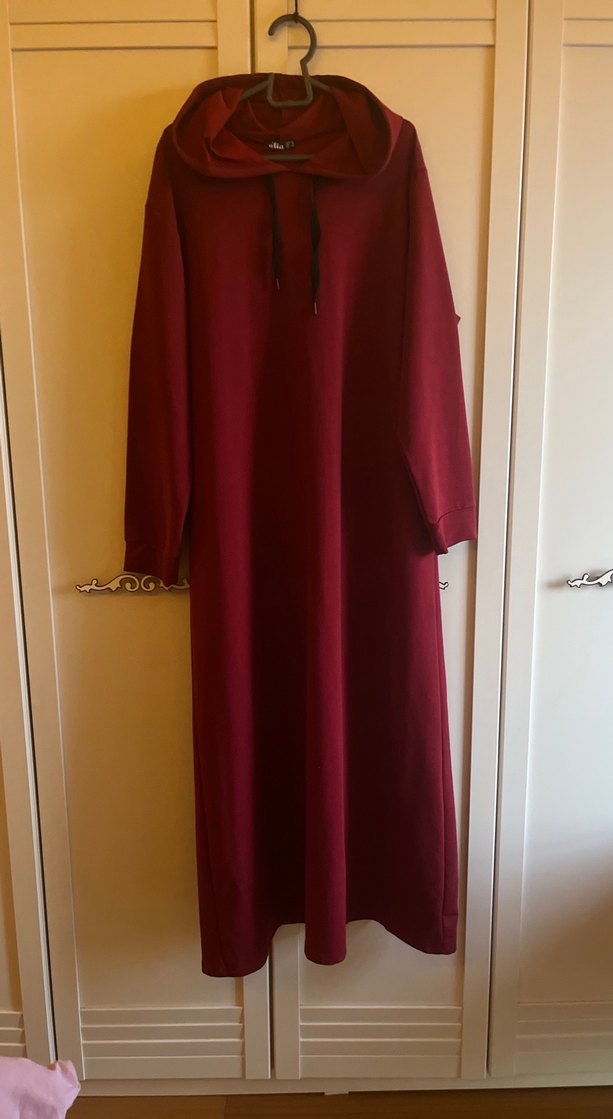 Bordo Uzun Kollu Salaş kapişonlu XL Elbise - Görsel 4
