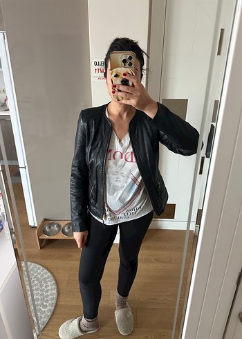 Kadın Siyah Deri Biker Ceket - Görsel 3