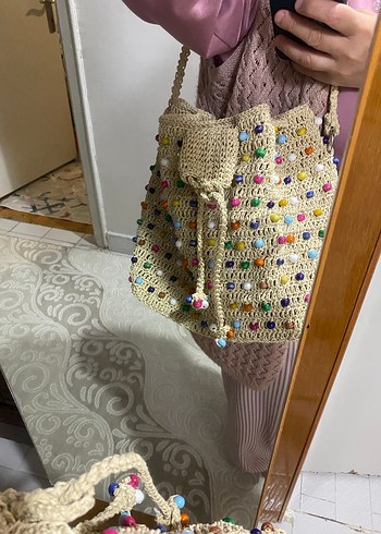 Beden çeşitli Renk Boncuk Detaylı Örgü Bohem Kadın Çanta