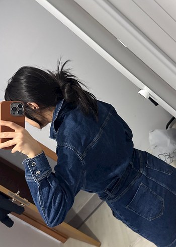 Kemerli Lacivert Denim Mini Elbise - Görsel 2