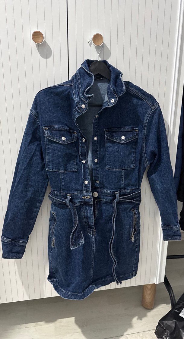 Kemerli Lacivert Denim Mini Elbise - Görsel 3