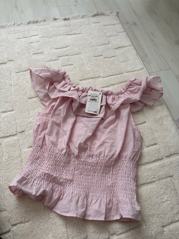 Pembe Fırfırlı Straplez Kadın Bluz - Görsel 2