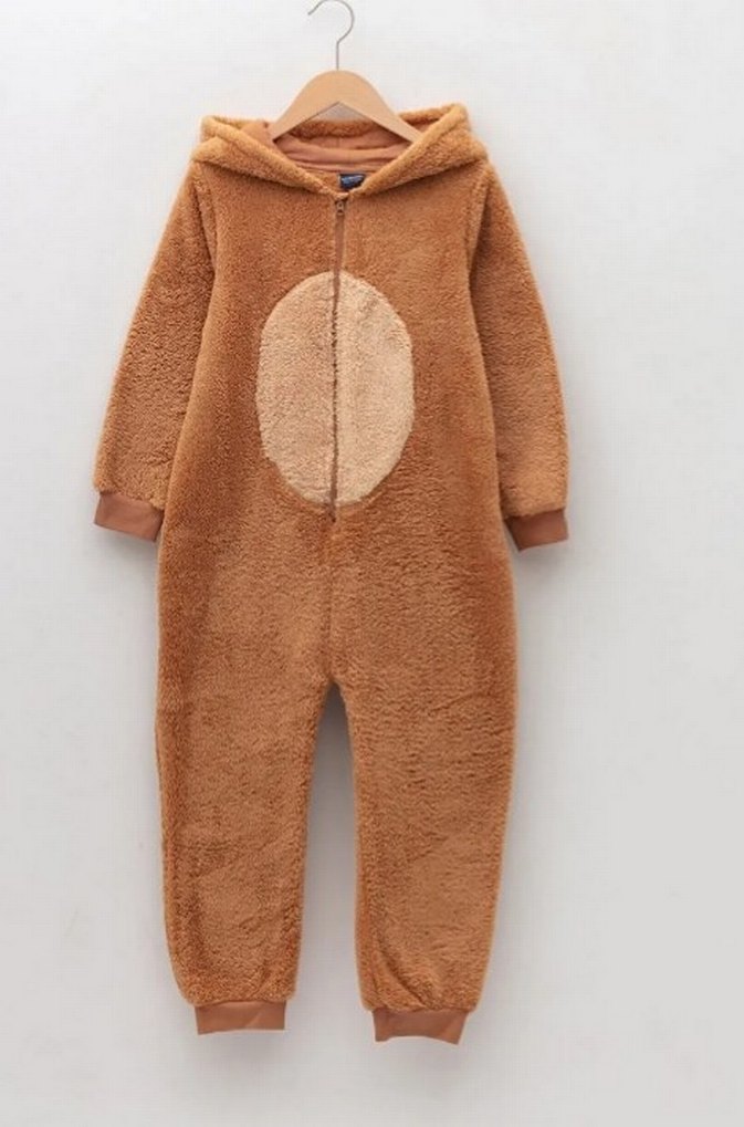 Kahverengi Peluş Bebek Erkek Tulumu Ayıcık Kapüşonlu - Görsel 2