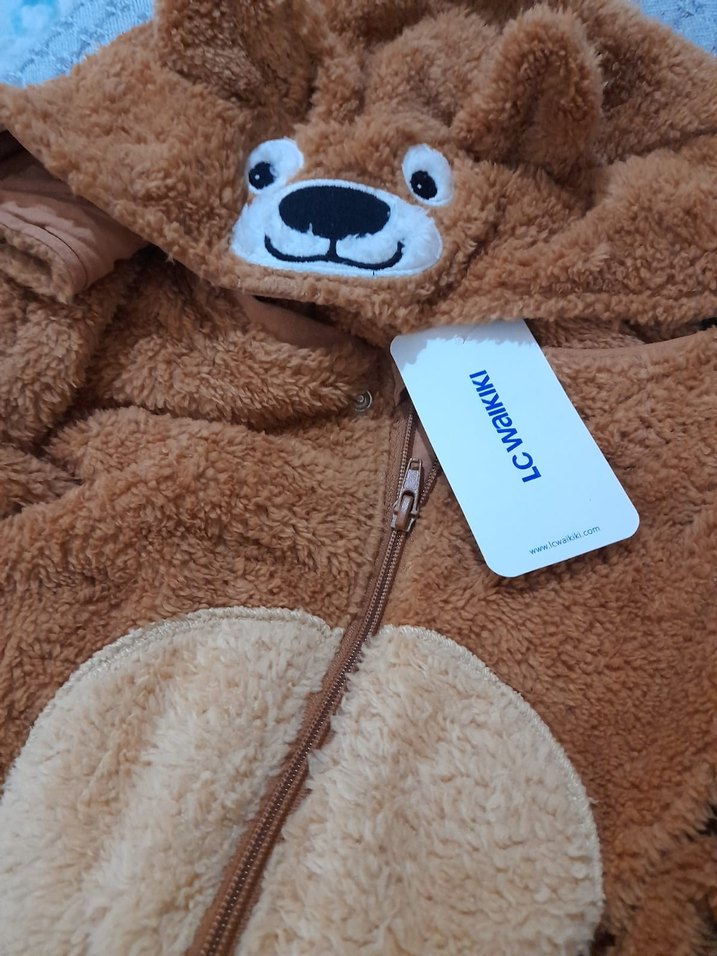 Kahverengi Peluş Bebek Erkek Tulumu Ayıcık Kapüşonlu - Görsel 3