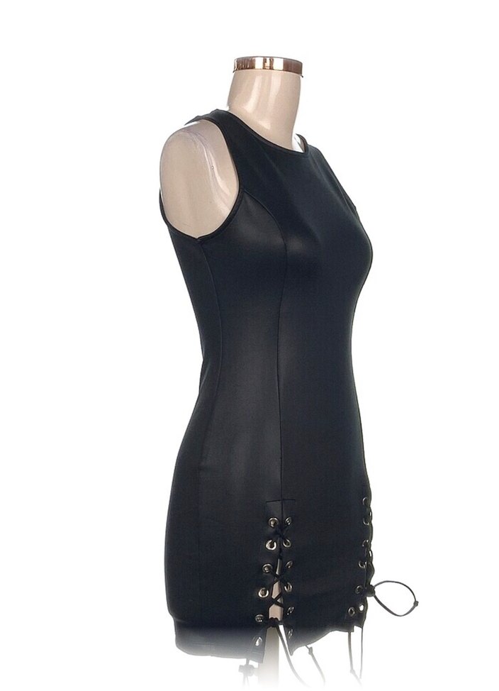 Siyah deri Goth kikiriki Mini Elbise - Görsel 2