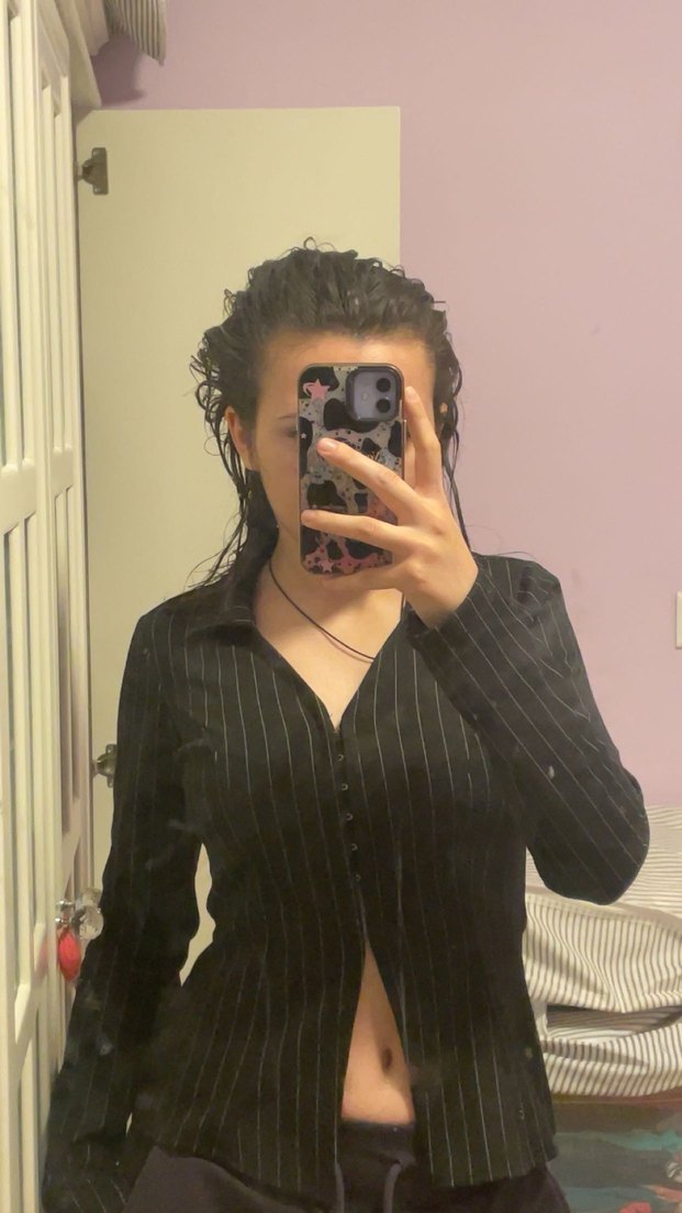 Düğmeli Siyah Çizgili Kadın gomlek - Görsel 2