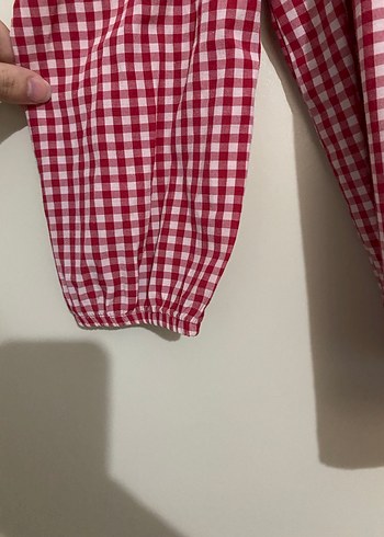 l Beden Düğmeli Askılı Kırmızı Kareli Bluz