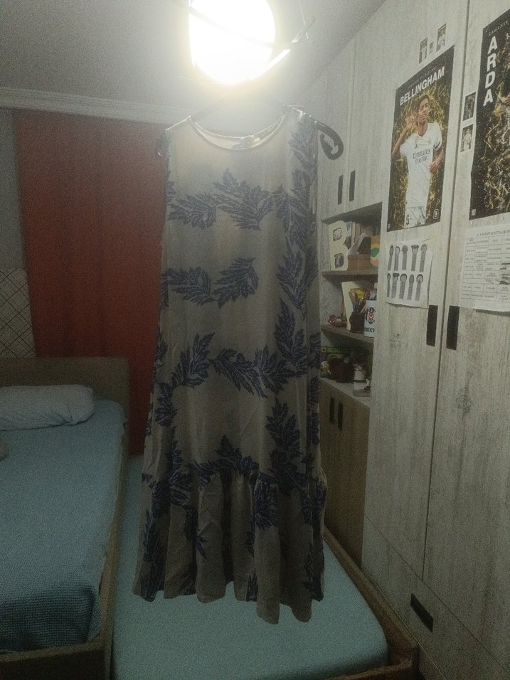 Mavi Yaprak Desenli Uzun Bohem Elbise - Görsel 5