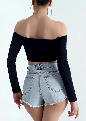 s Beden siyah Renk Lacivert Madonna Yaka Uzun Kollu Mini Crop Top