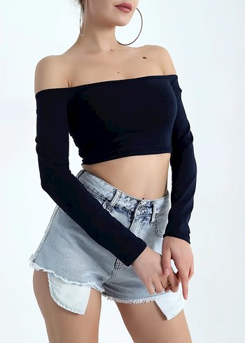 s Beden Lacivert Madonna Yaka Uzun Kollu Mini Crop Top