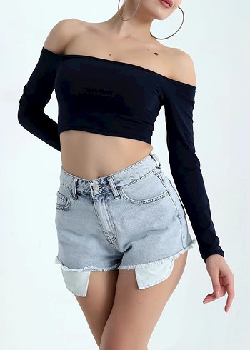 Diğer Lacivert Madonna Yaka Uzun Kollu Mini Crop Top