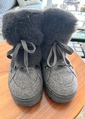 Gri Yün Kürklü Kadın Dolgu Topuk Bot - Görsel 2