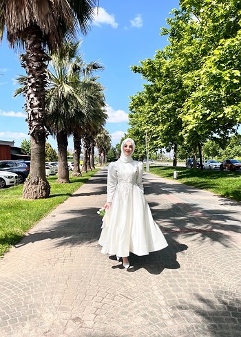 Uzun Kollu A Kesim Beyaz Tesettür Gelinlik