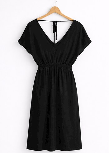 Düğmeli V Yaka Siyah Uzun Keten Elbise - Görsel 4