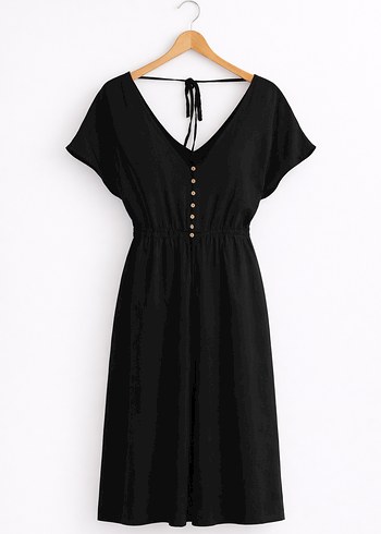 Düğmeli V Yaka Siyah Uzun Keten Elbise - Görsel 3
