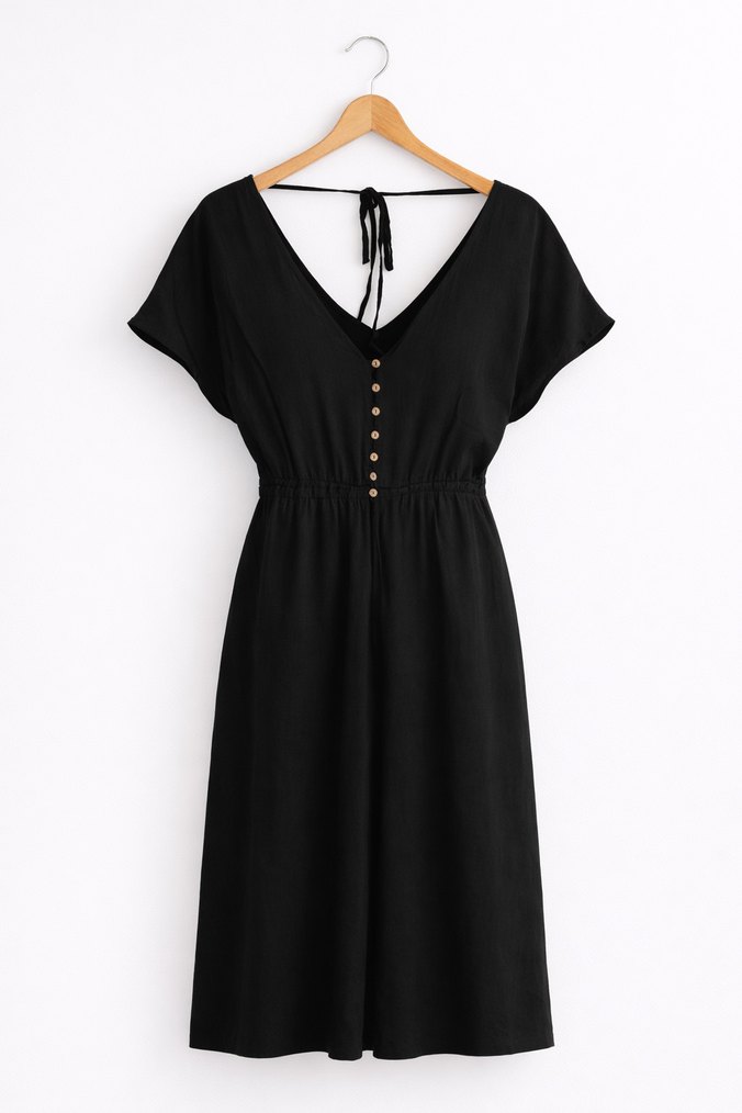 Düğmeli V Yaka Siyah Uzun Keten Elbise - Görsel 3