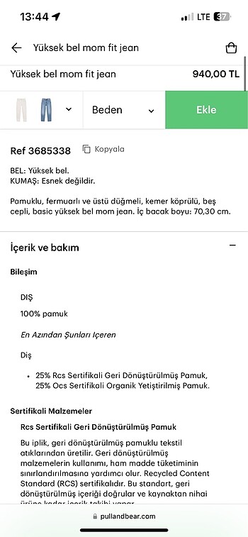 32 Beden Pull&bear mom jean