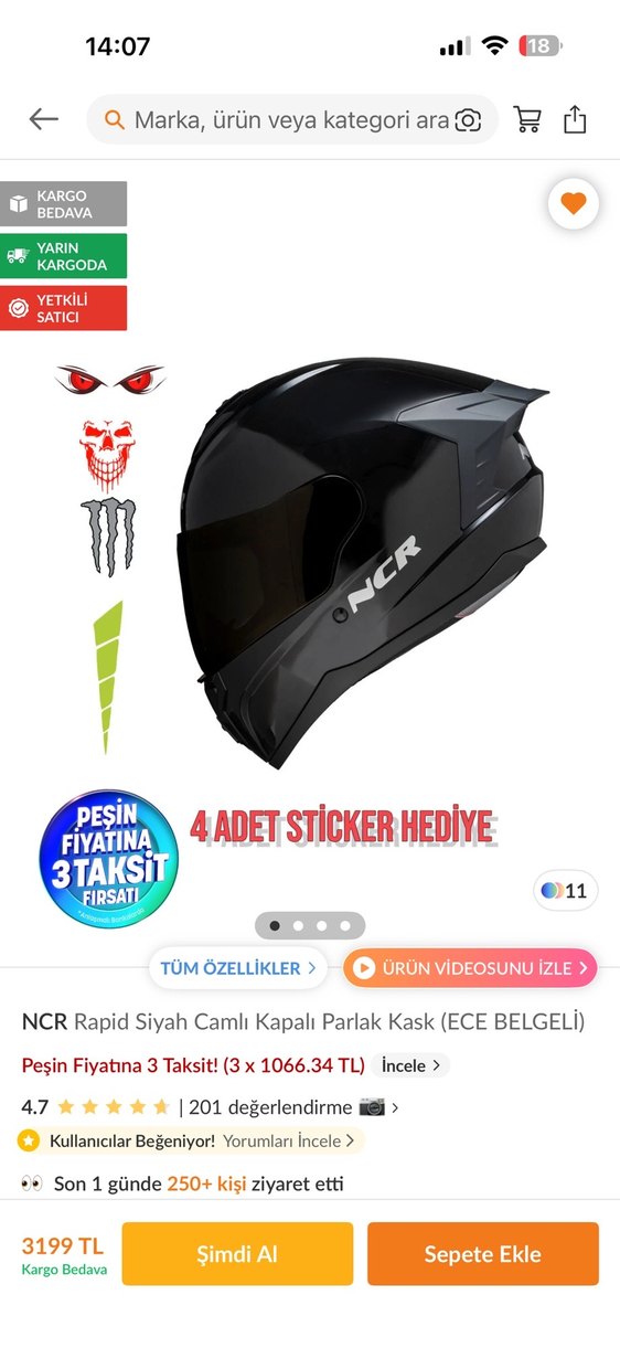 NCR Rapid Siyah Camlı Kapalı Parlak Kask - Görsel 2