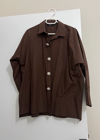 Düğmeli Kahverengi Keten Kadın Gömlek - Görsel 2