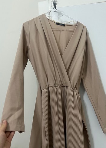 Bej Uzun Kollu Kadın Elbise - Görsel 2