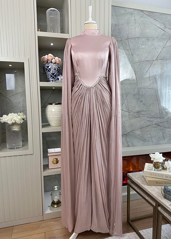 Pudra Parlak Uzun Kollu Kadın Abiye Elbise - Görsel 2