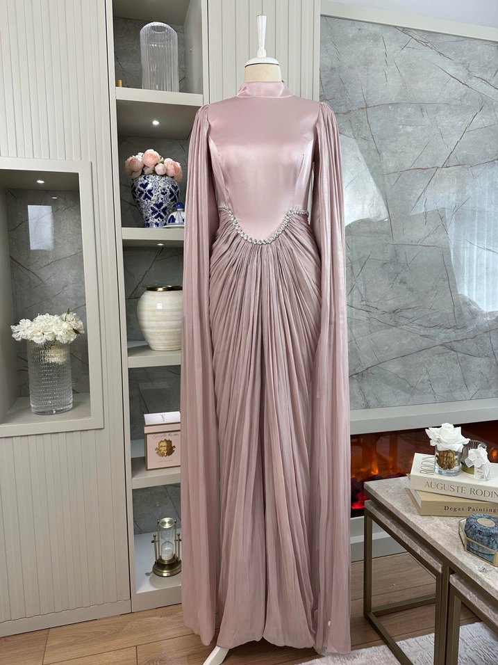 Pudra Parlak Uzun Kollu Kadın Abiye Elbise - Görsel 2