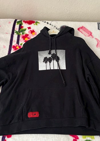 Siyah Kapüşonlu Baskılı Oversize Sweatshirt
