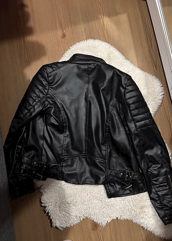 Kadın Siyah Deri Biker Ceket Kürklü - Görsel 3