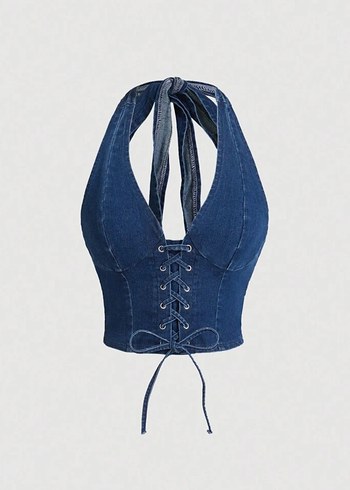 Lacivert Denim Halter Yaka Korse