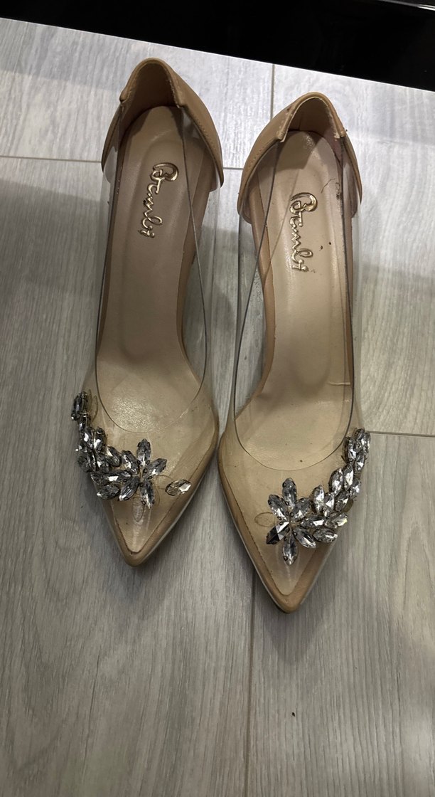 Bej Parlak Taşlı Stiletto Abiye Ayakkabı - Görsel 2