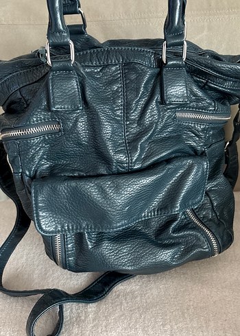 Koyu Mavi Deri Fermuarlı Biker Çanta - Görsel 2