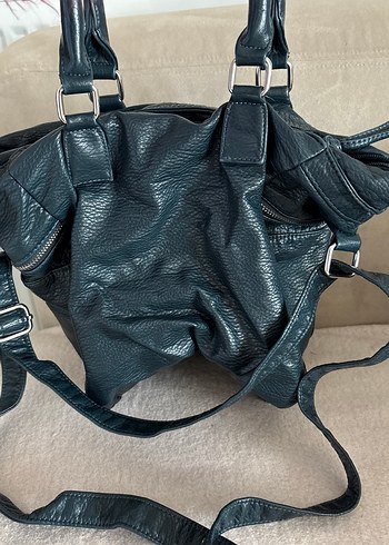 Koyu Mavi Deri Fermuarlı Biker Çanta - Görsel 3