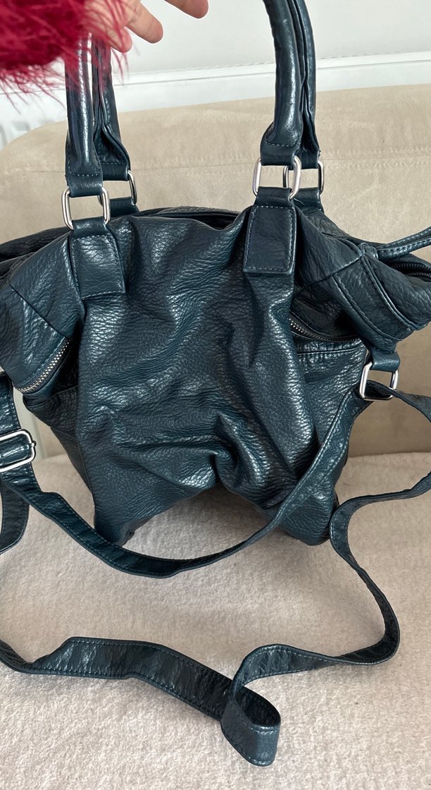 Koyu Mavi Deri Fermuarlı Biker Çanta - Görsel 3