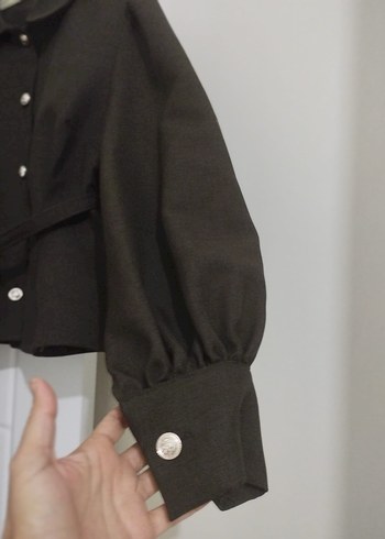 Kadın Koyu Gri Keten Mini Ceket - Görsel 5