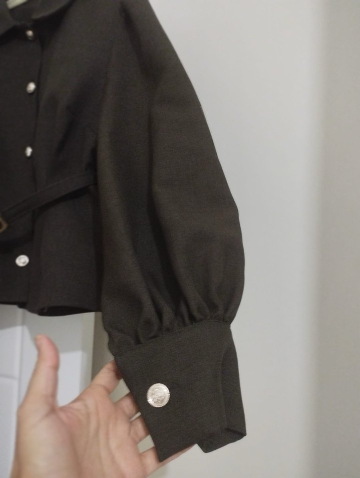 Kadın Koyu Gri Keten Mini Ceket - Görsel 5