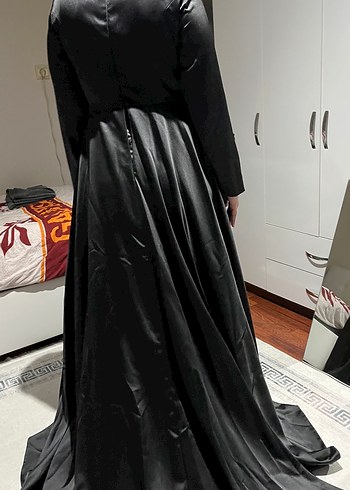 Siyah Drapeli Uzun Kollu Kadın Abiye Elbise - Görsel 5